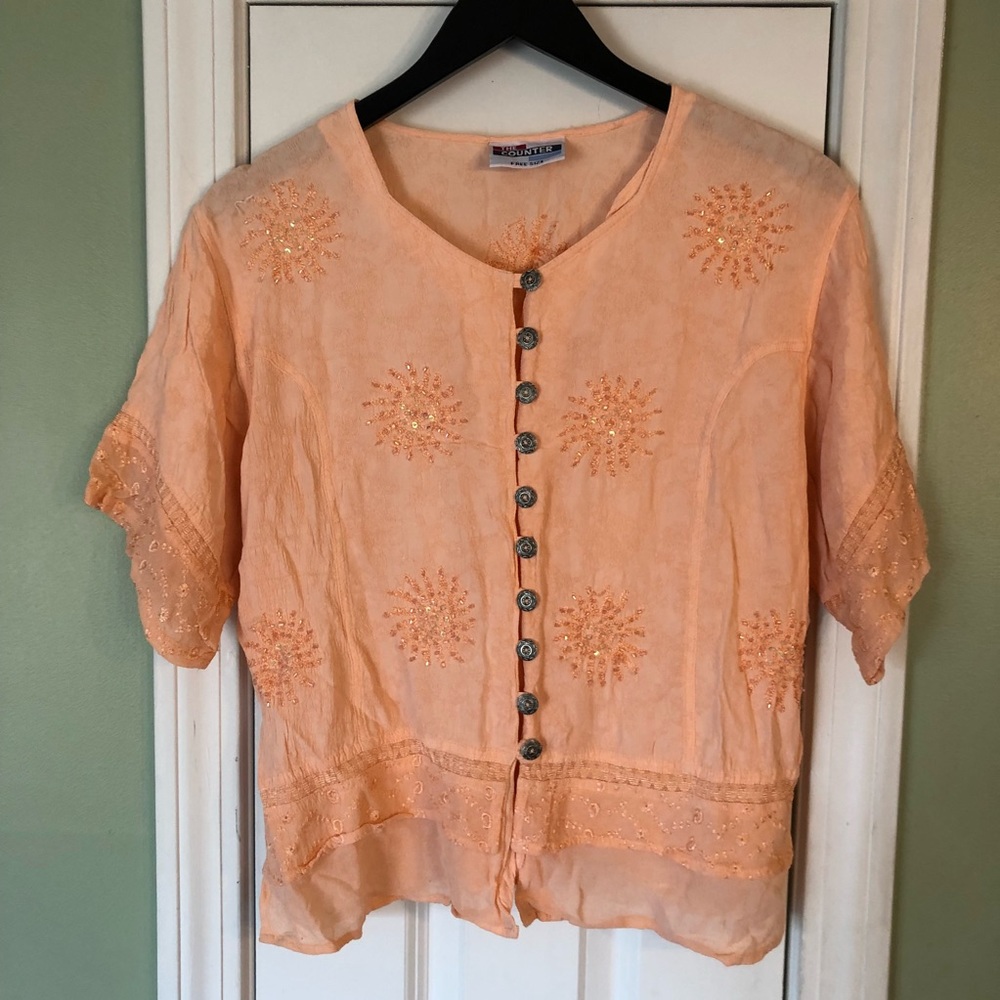 VTG Beaded Sunburst Short Sleeve Beachy Tie Top